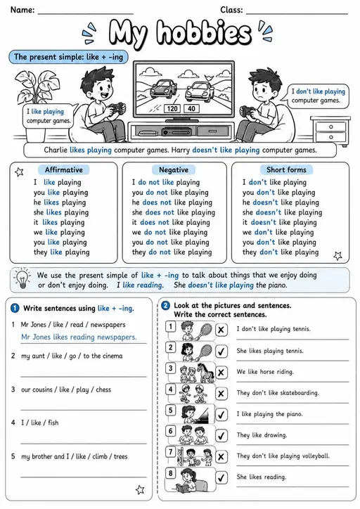 Like Plus Ing: My Hobbies 2 | Grades 3-4 Grammar Worksheet