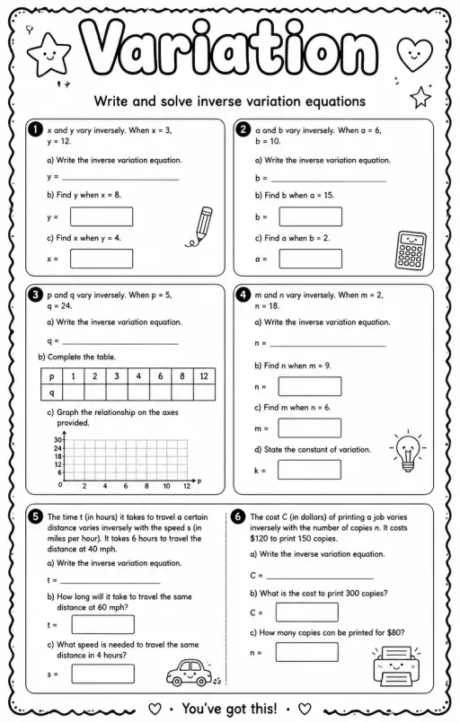 Write and solve inverse variation equations