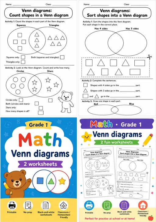 Grade 1 Fractions Math Worksheet Pack
