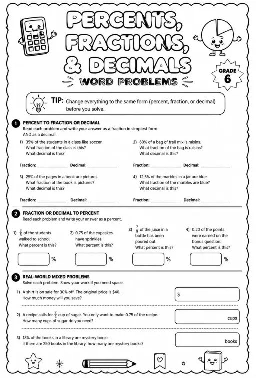 Convert between percents, fractions, and decimals: word problems