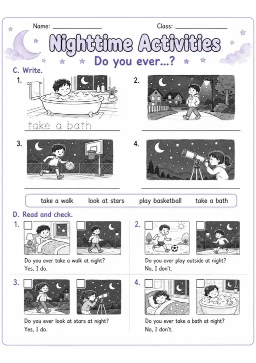 Nighttime Activities | Grades 2-3 English Language Arts Worksheet