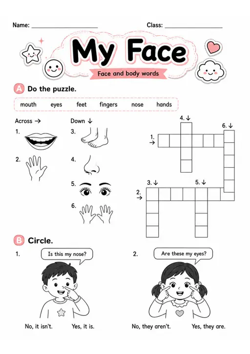 Body Parts Puzzle and Questions | Grade 1 English Language Arts Worksheet