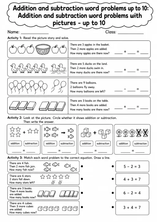 Grade 1 Addition and Subtraction Word Problems up to 10 Math Worksheet Pack