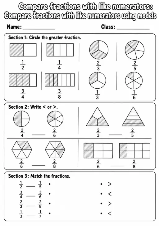 Grade 3 Compare Fractions With Like Numerators Math Worksheet Pack