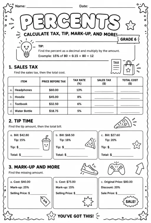 Percents - calculate tax, tip, mark-up, and more