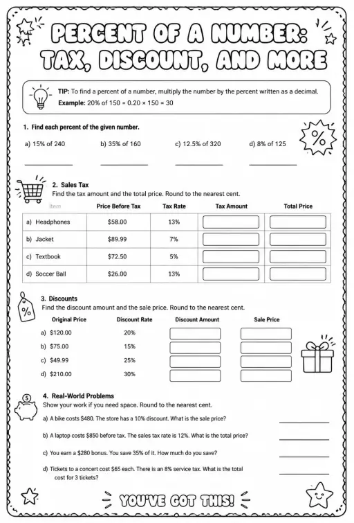 Percent of a number: tax, discount, and more