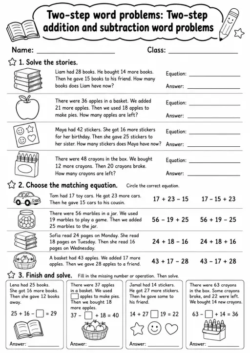 Grade 3 Two-step Word Problems Math Worksheet Pack