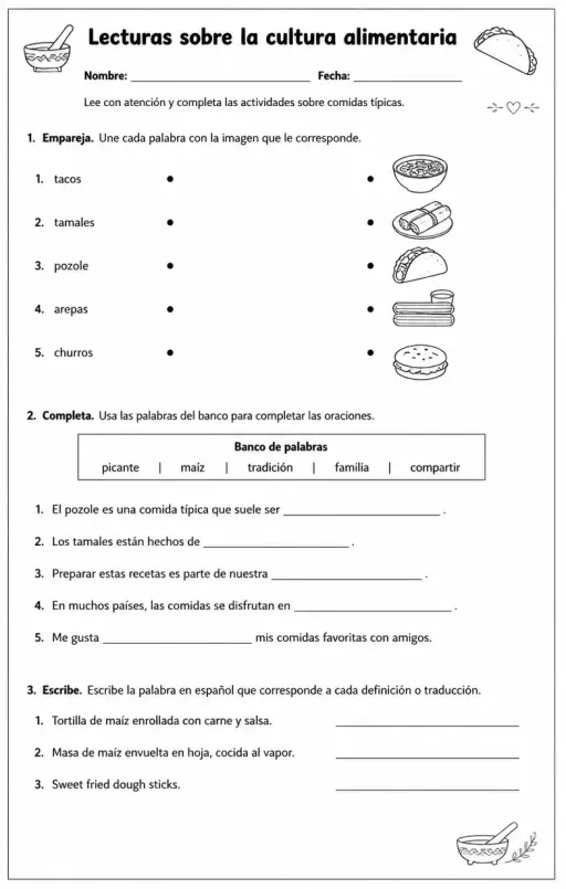 Reconocer palabras, frases o oraciones en español relacionadas con comidas típicas.