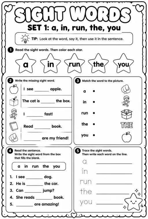 Read sight words set 1: a, in, run, the, you