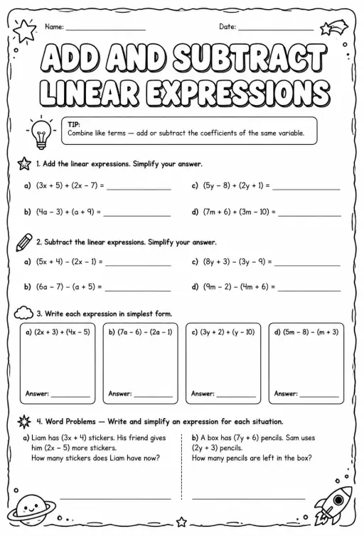 Add and subtract linear expressions