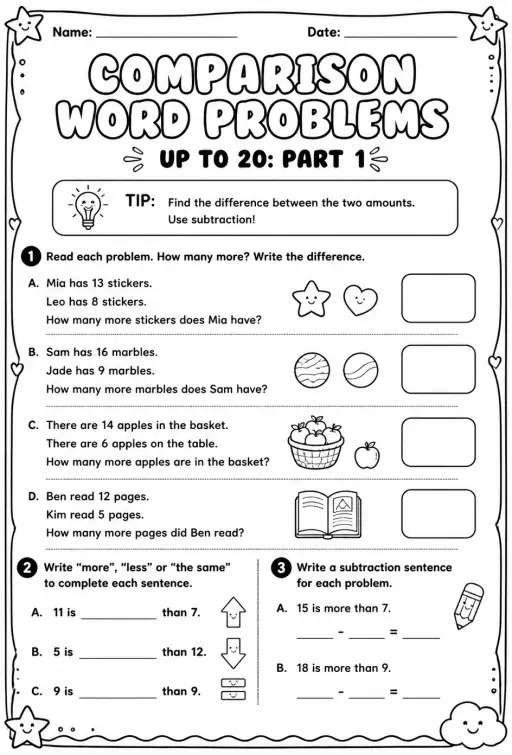 Comparison word problems up to 20: part 1