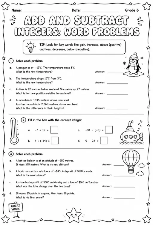 Add and subtract integers: word problems