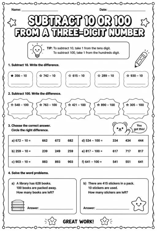 Subtract 10 or 100 from a three-digit number