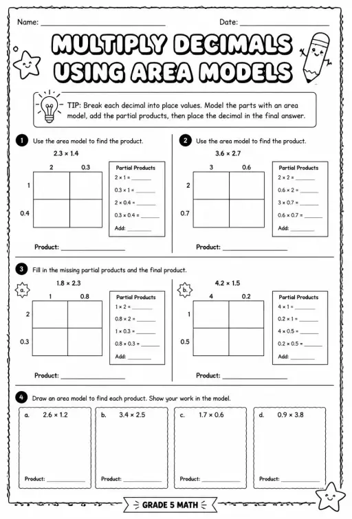 Multiply decimals using area models