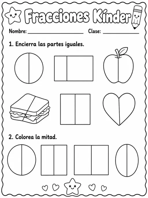 Kindergarten - fracciones, mitad y dobles - Paquete de fichas