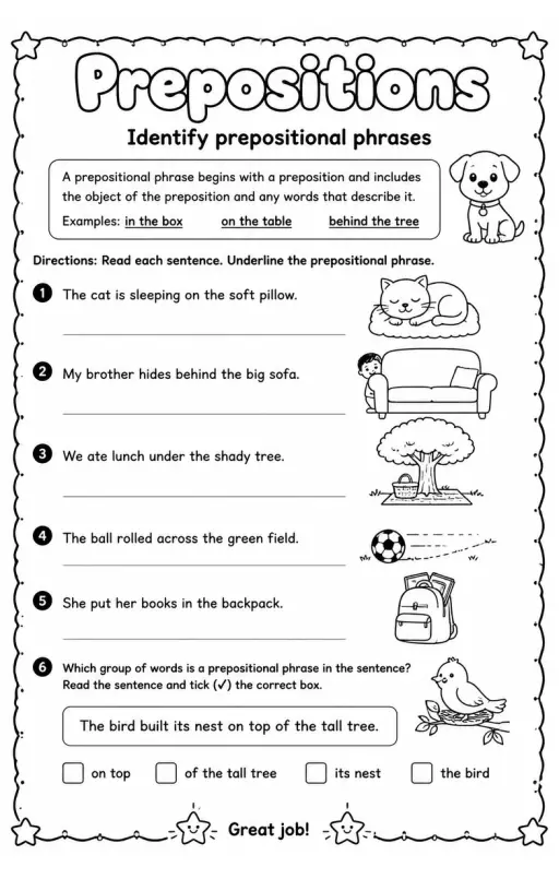 Identify prepositional phrases