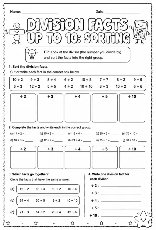 Division facts up to 10: sorting