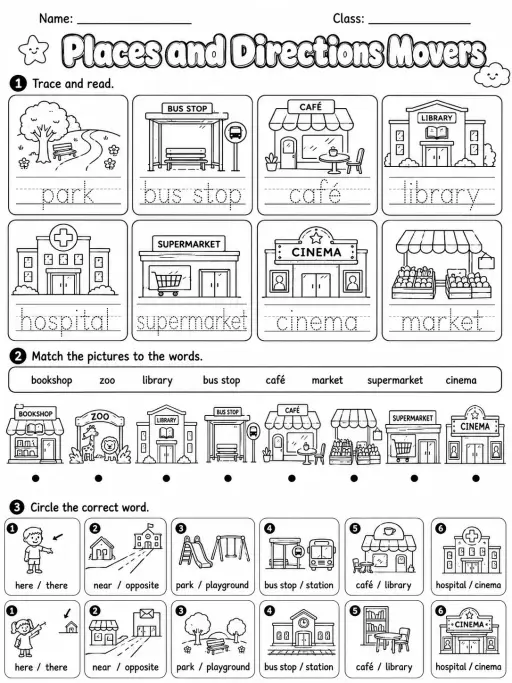 Places and Directions Movers Vocabulary Worksheet Pack