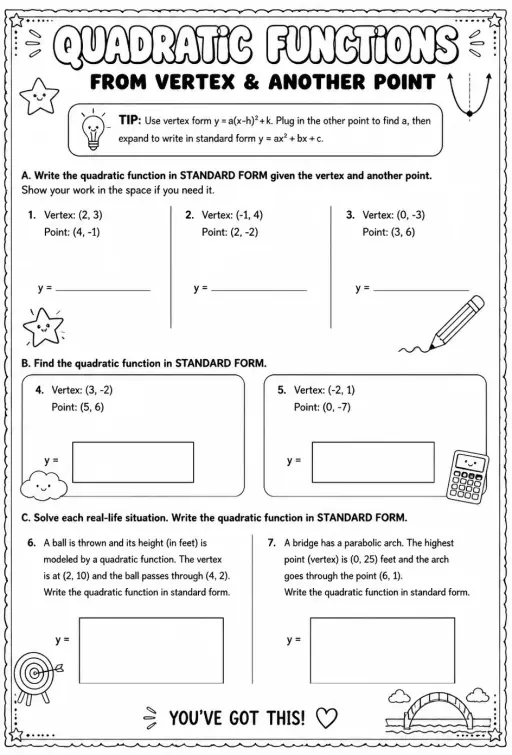 Write a quadratic function in standard form from its vertex and another point