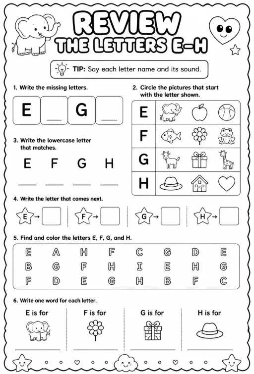 Review the letters E–H