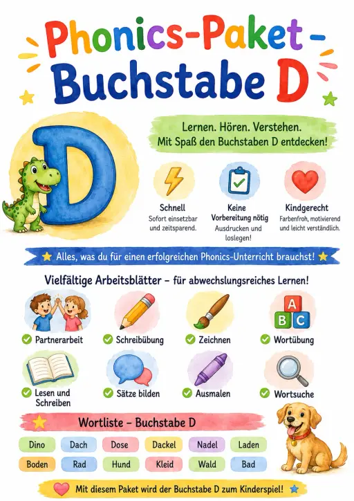 German Letter D Phonics Worksheets Pack