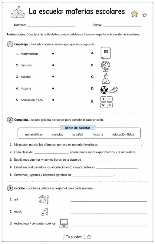 Producir palabras, frases u oraciones en español relacionadas con materias escolares.
