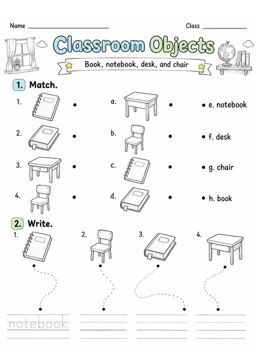 Classroom Objects | Grade 1 Vocabulary Worksheet