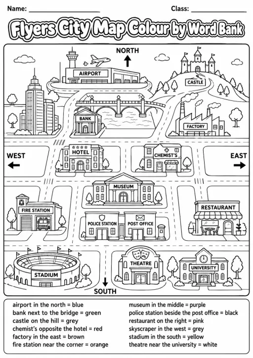 City Map Flyers Color by Word Bank Worksheet Pack