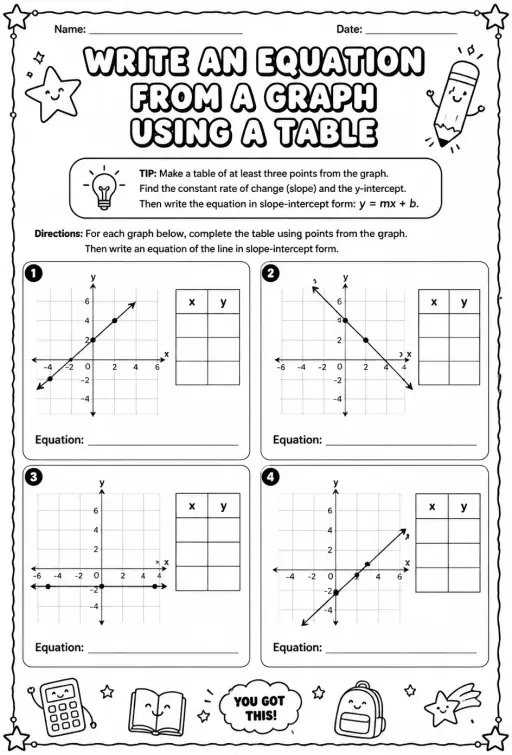Write an equation from a graph using a table