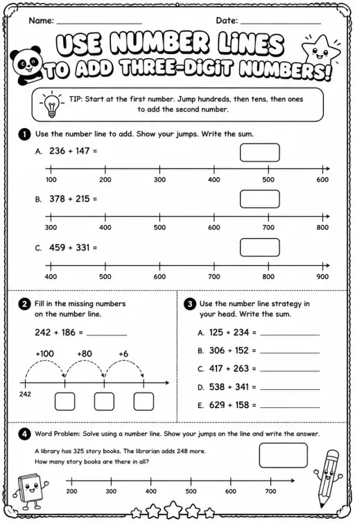 Use number lines to add three-digit numbers