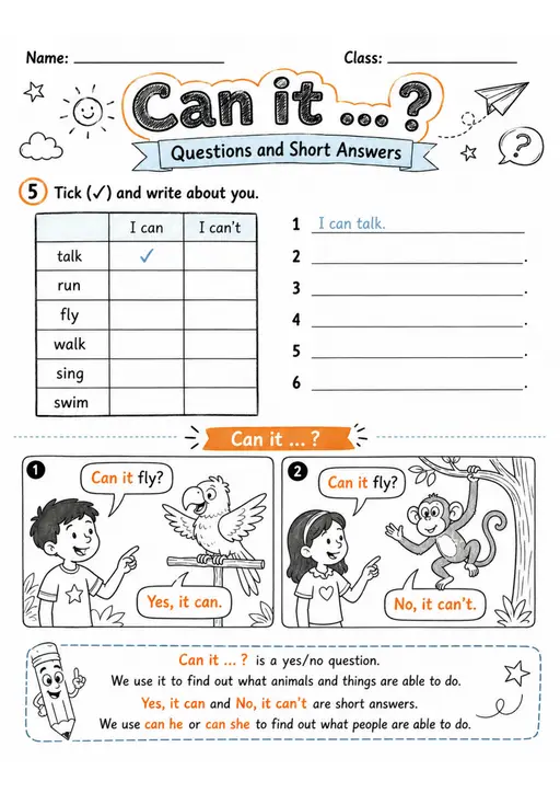 Can It? Questions and Short Answers | Grade 1 Grammar Worksheet