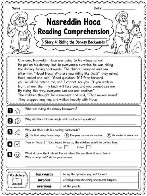 Nasreddin Hoca Reading Comprehension: Riding the Donkey Backwards