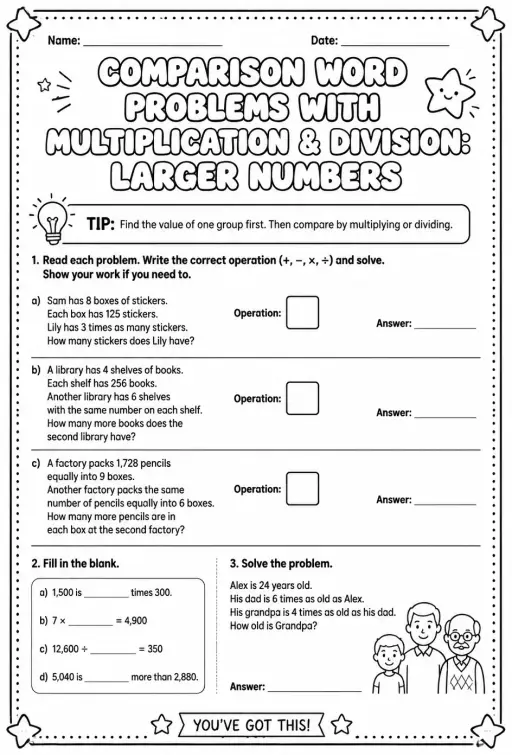 Comparison word problems with multiplication and division: larger numbers