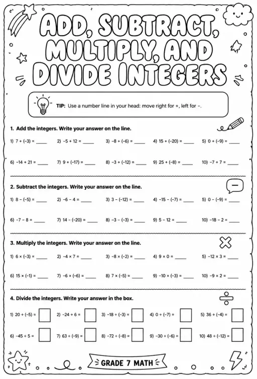 Add, subtract, multiply, and divide integers
