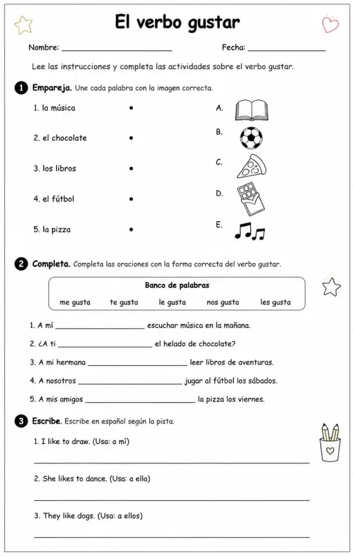 Reconocer palabras, frases o oraciones en español relacionadas con las formas de gustar.