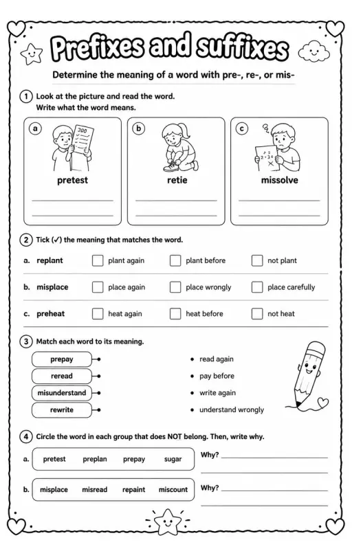 Determine the meaning of a word with pre-, re-, or mis-