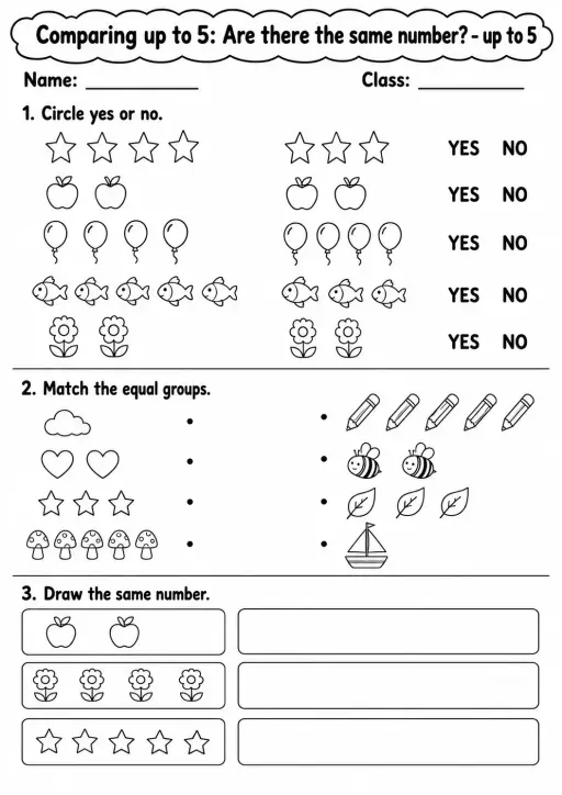 Kindergarten Comparing up to 5 Math Worksheet Pack