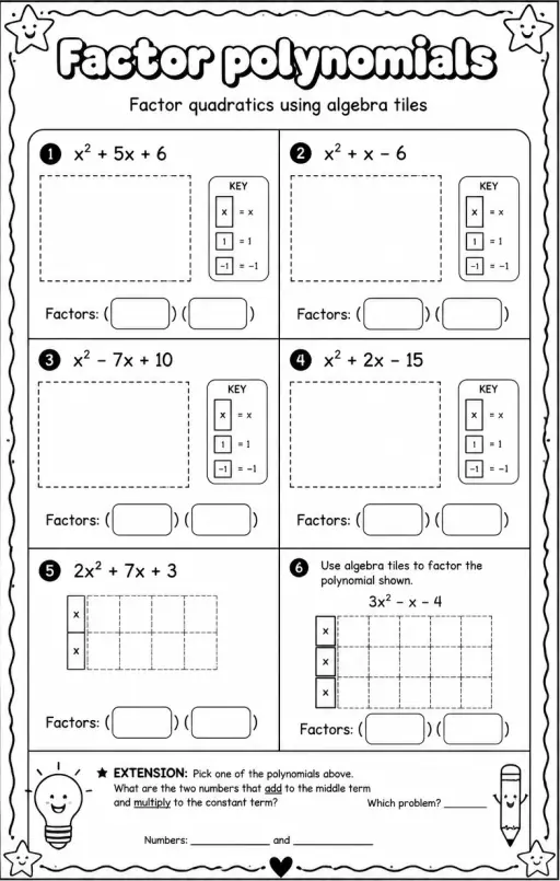Factor quadratics using algebra tiles