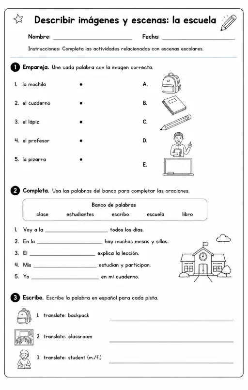 Reconocer palabras, frases o oraciones en español relacionadas con escenas escolares.