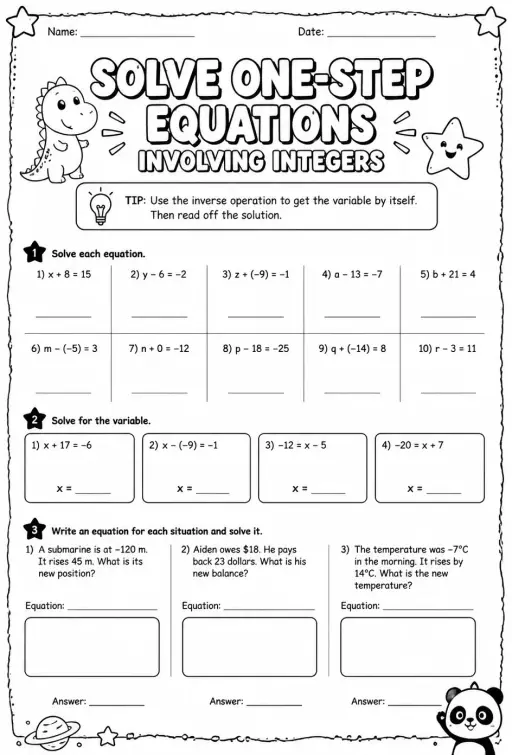 Solve one-step equations involving integers