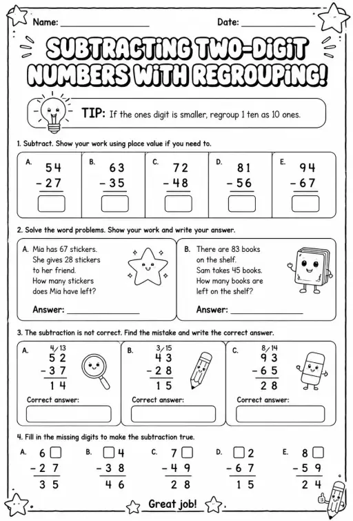 Use place value to subtract two-digit numbers - with regrouping