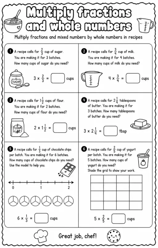 Multiply fractions and mixed numbers by whole numbers in recipes
