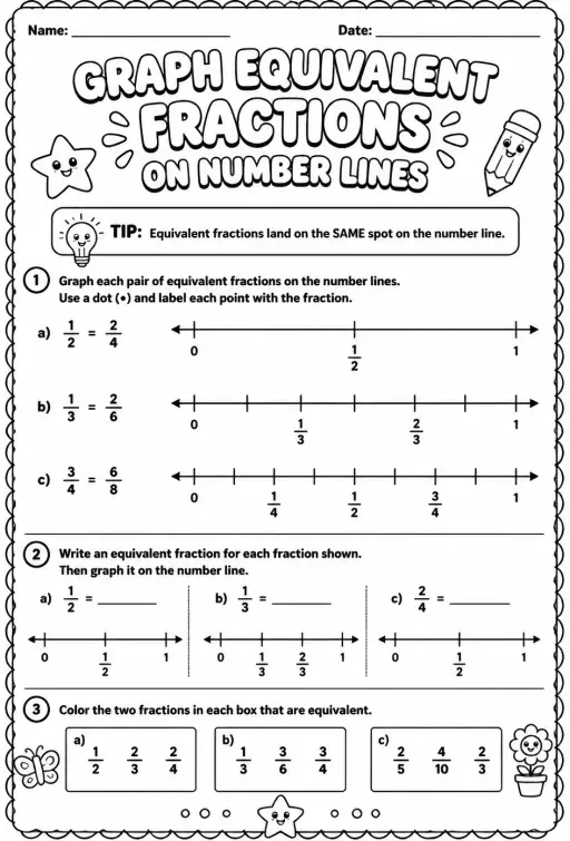 Graph equivalent fractions on number lines