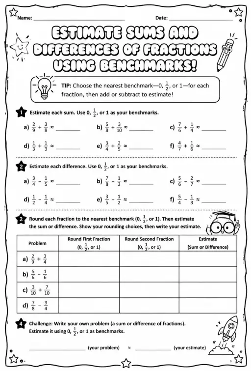 Estimate sums and differences of fractions using benchmarks