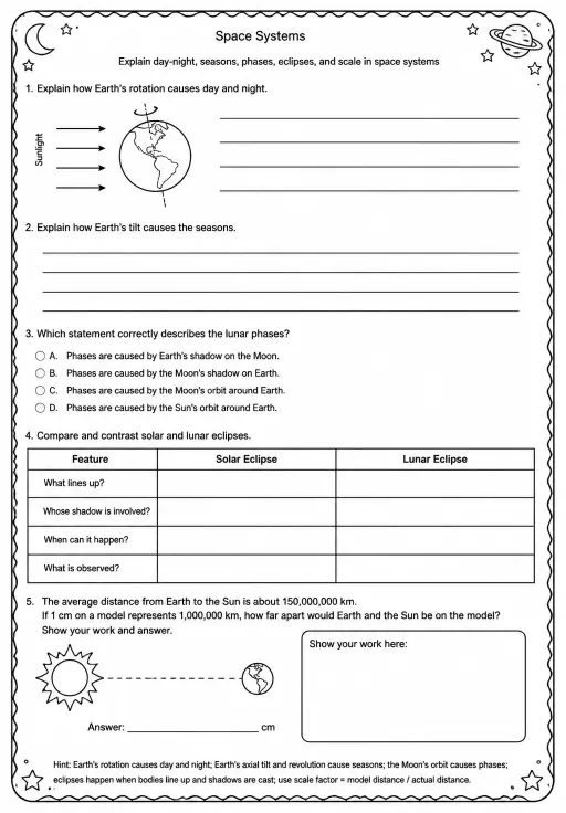 Explain day-night, seasons, phases, eclipses, and scale in space systems
