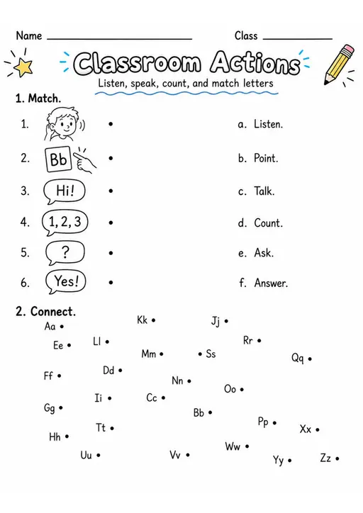 Classroom Actions | Grade 1 English Language Arts Worksheet