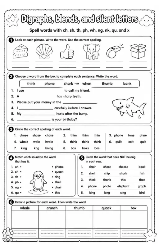 Spell words with ch, sh, th, ph, wh, ng, nk, qu, and x