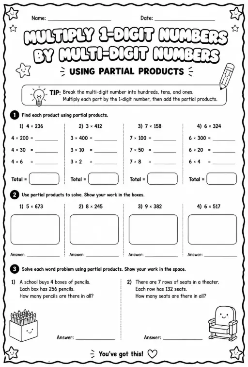 Multiply 1-digit numbers by multi-digit numbers using partial products
