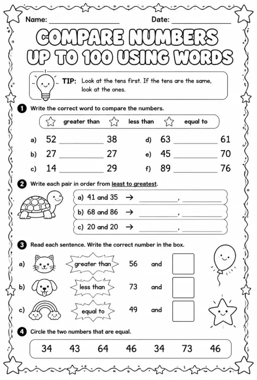 Compare numbers up to 100 using words