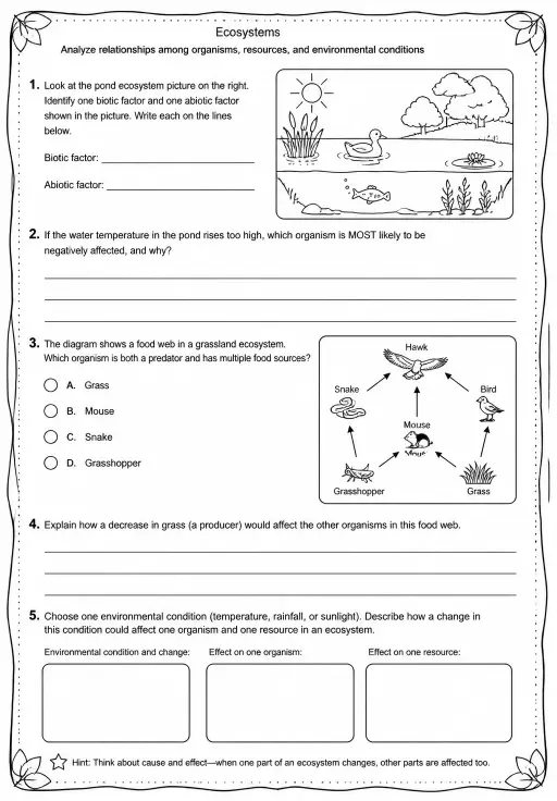 Analyze relationships among organisms, resources, and environmental conditions